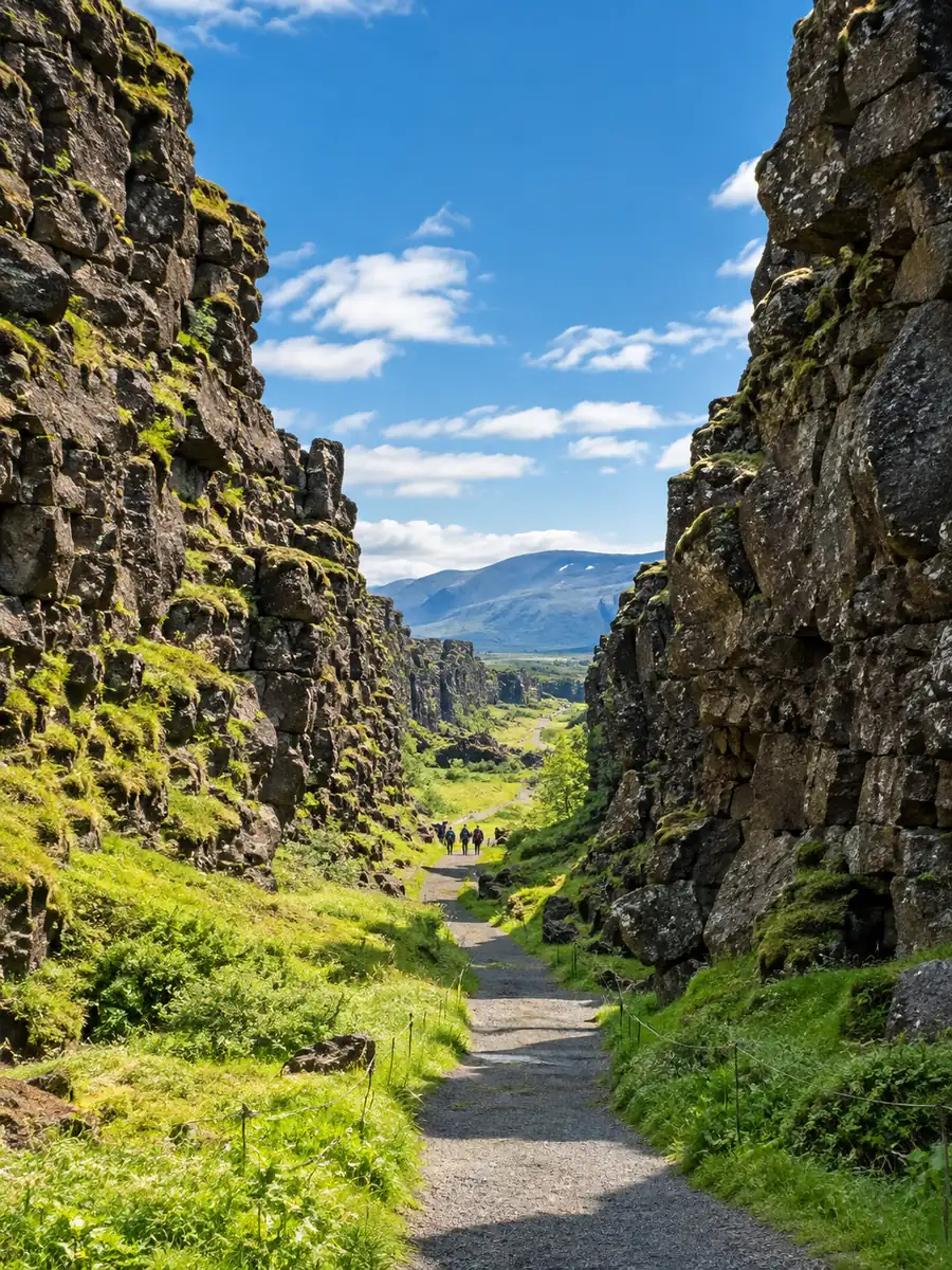 The Almannagja rift gorge in Thingvellir National Park on a sunny summer day