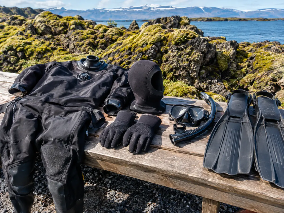 A black drysuit, neoprene hood, gloves, mask, snorkel and fins laid out on a wooden bench
