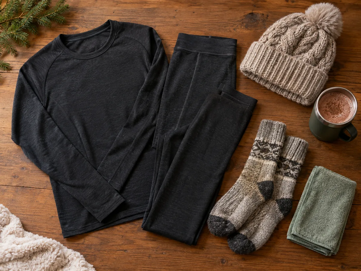 A merino base layer, thick wool socks, a towel and a hot chocolate on a wooden table